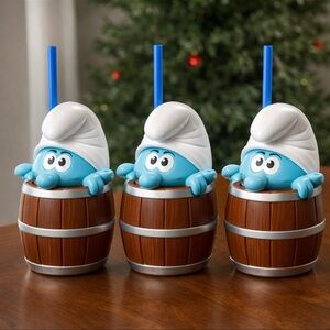 Smurf Barrel Kids Drink Cup with Straw - Blue lot of 3